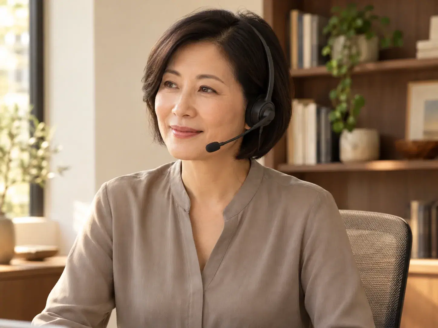 Illustration of a caller-care professional listening in a quiet workspace