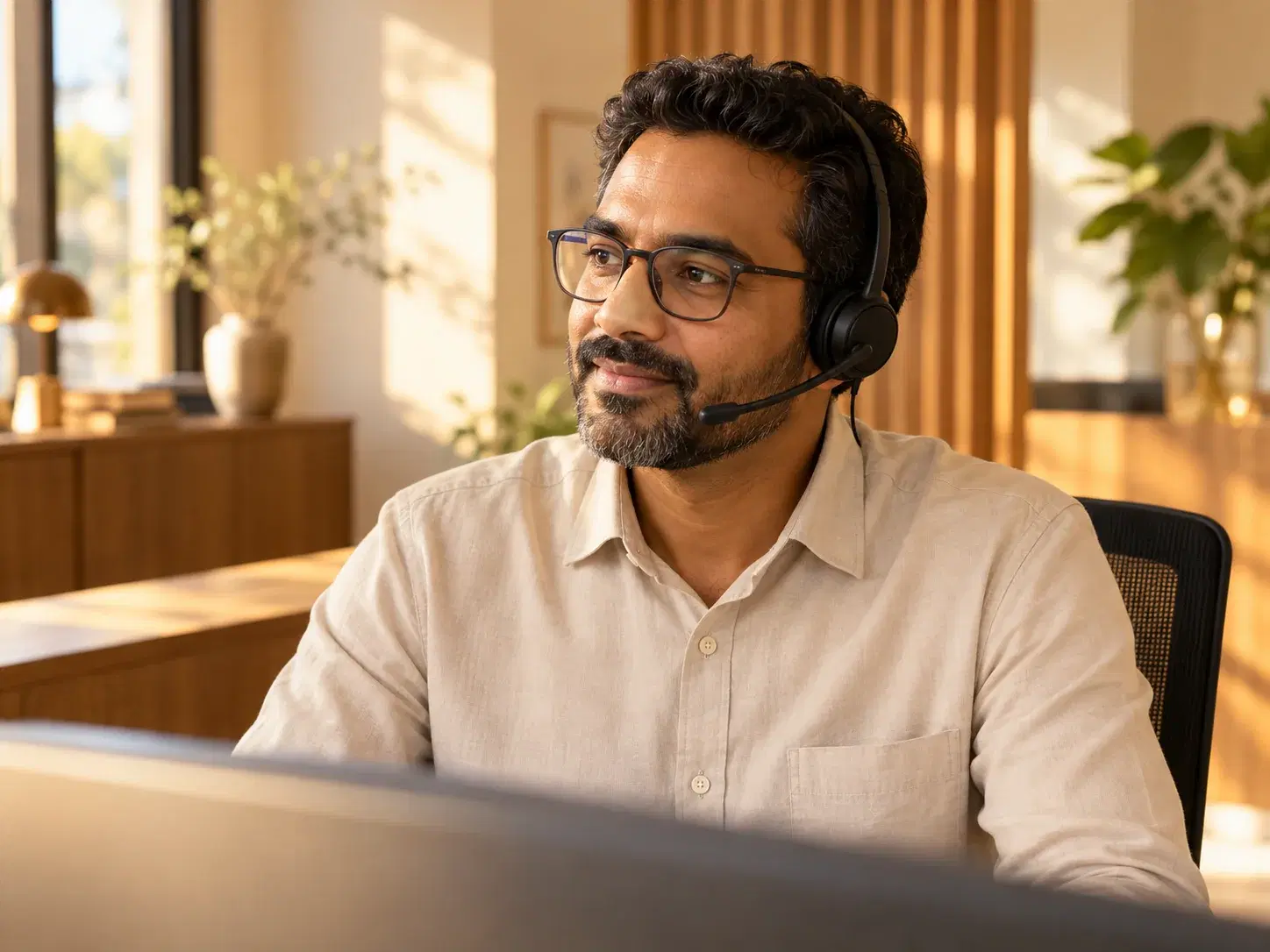 Illustration of a call-coordination professional in a sunlit office