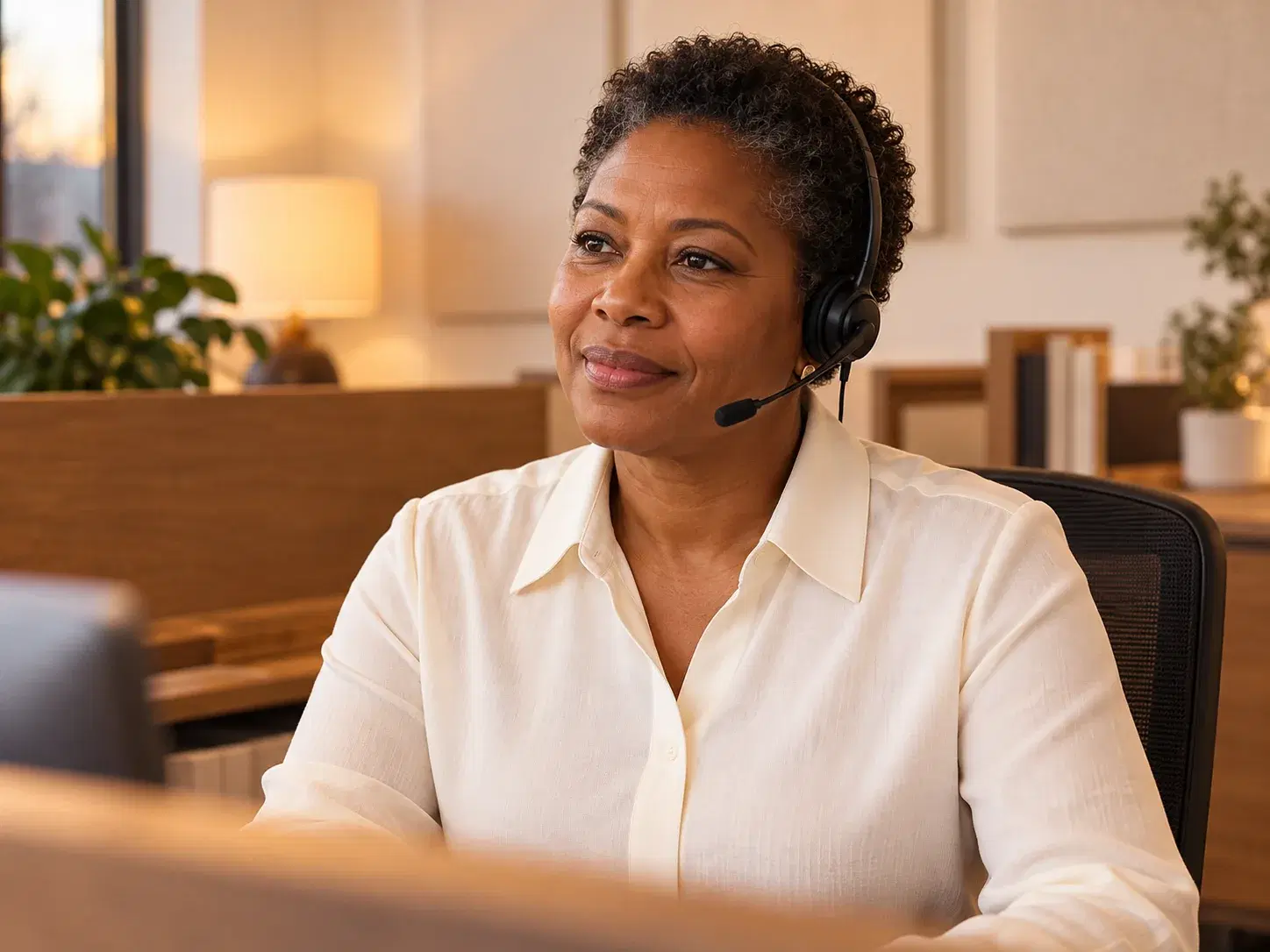 Illustration of an experienced client-service professional at her workstation
