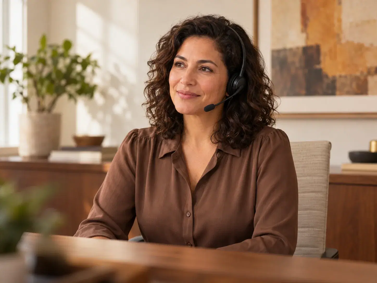 Illustration of a customer-care professional in a welcoming office