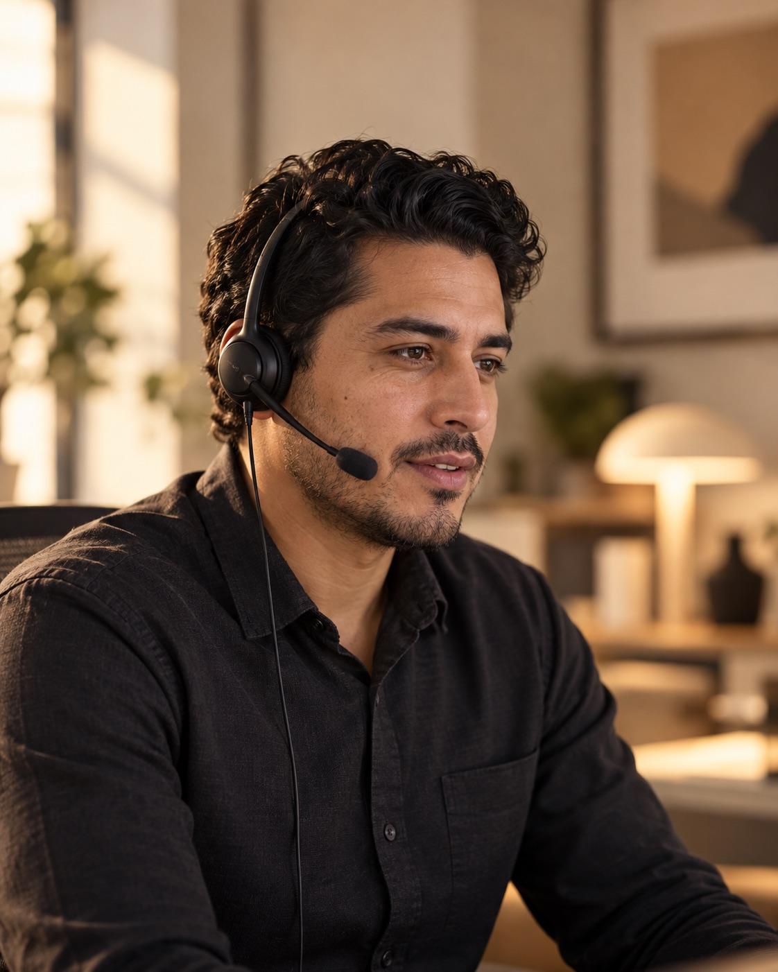 A call agent with a headset mid-conversation
