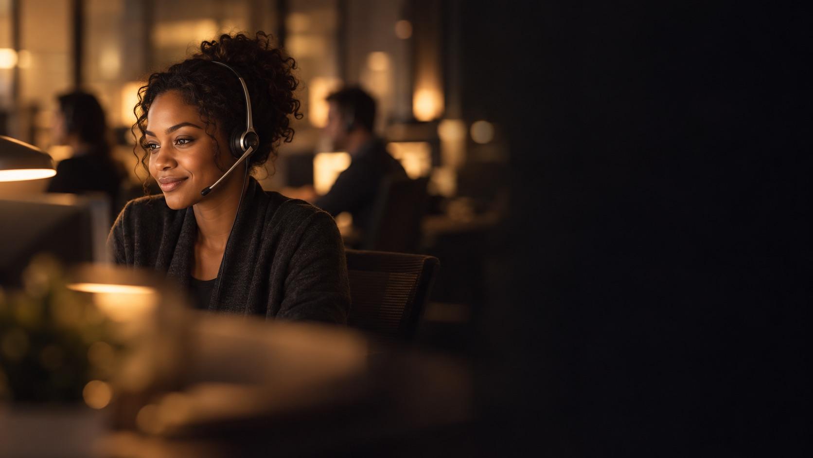 An agent with a headset on a calm call floor in the evening