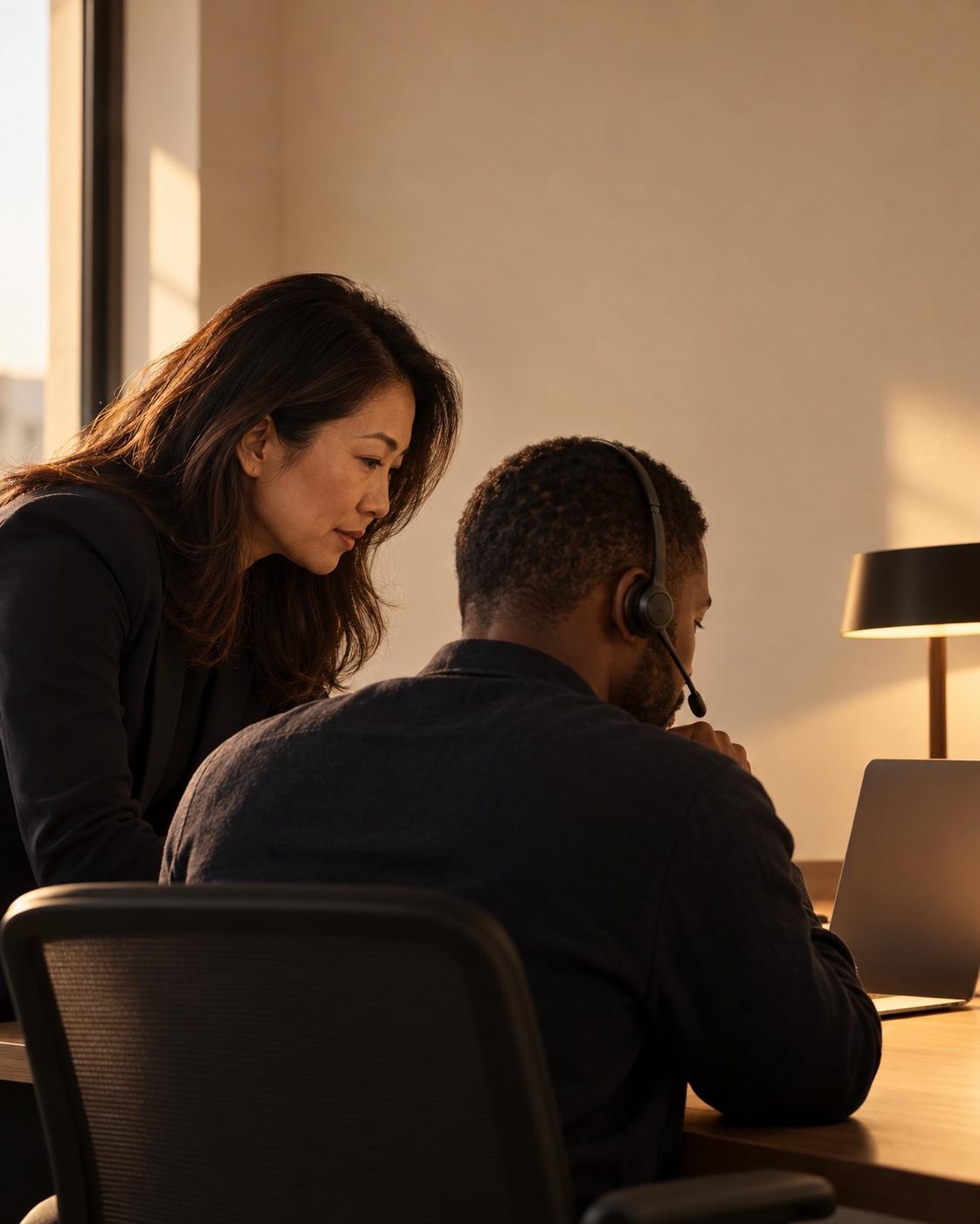 A supervisor and an agent reviewing a call together
