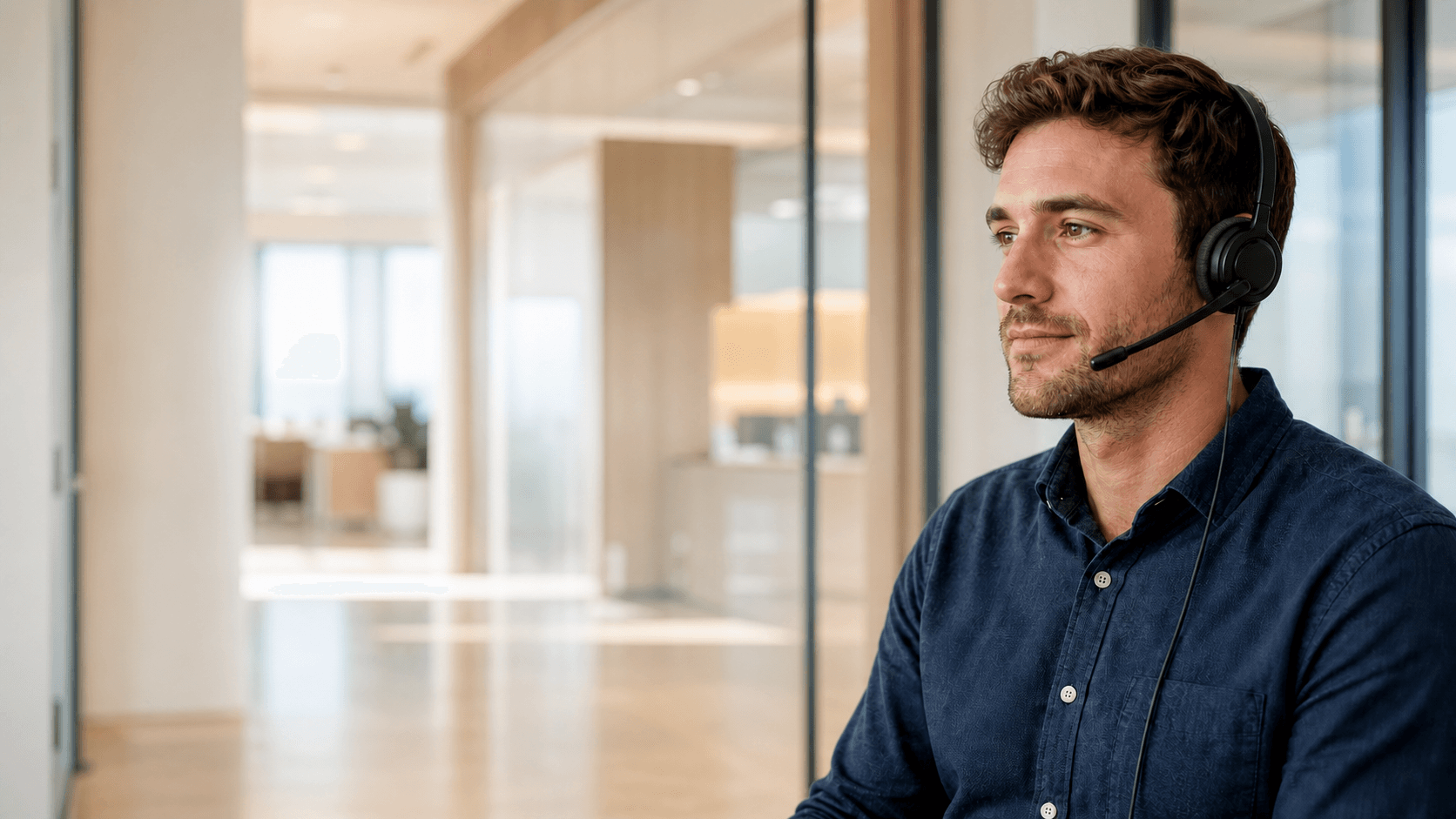 A young AnSer healthcare answering specialist in a calm office portrait