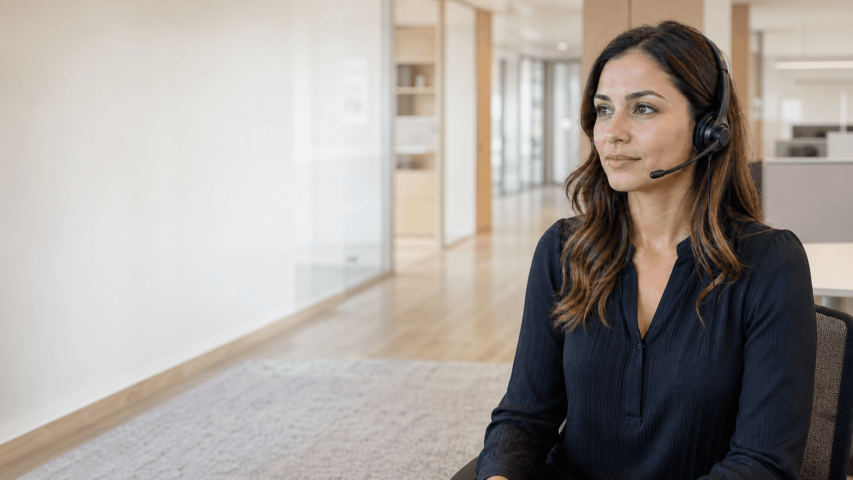 A young AnSer live answering specialist in a calm office portrait
