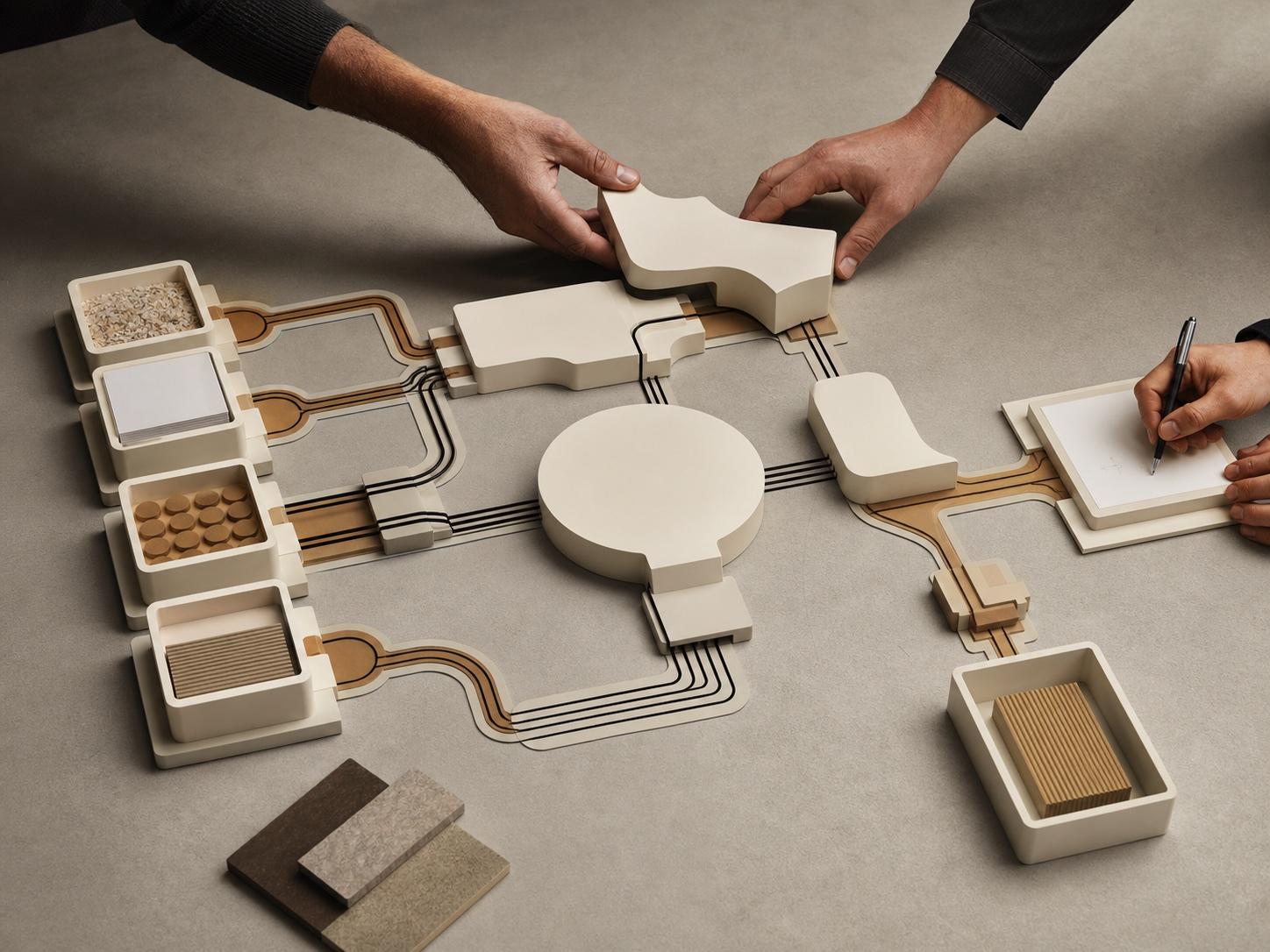 Specialists fitting a custom module into a connected business workflow