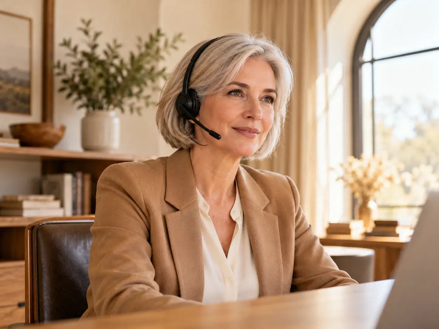 Illustration of an experienced client-care professional listening at a warm wood desk