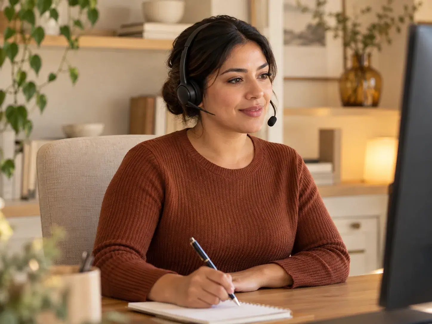 Illustration of an answering professional reviewing caller details at her desk
