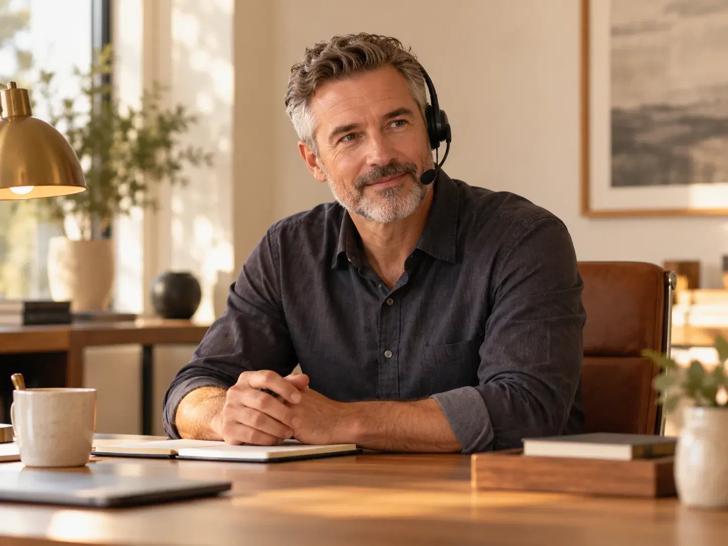 Illustration of an experienced phone-support professional in a warm office