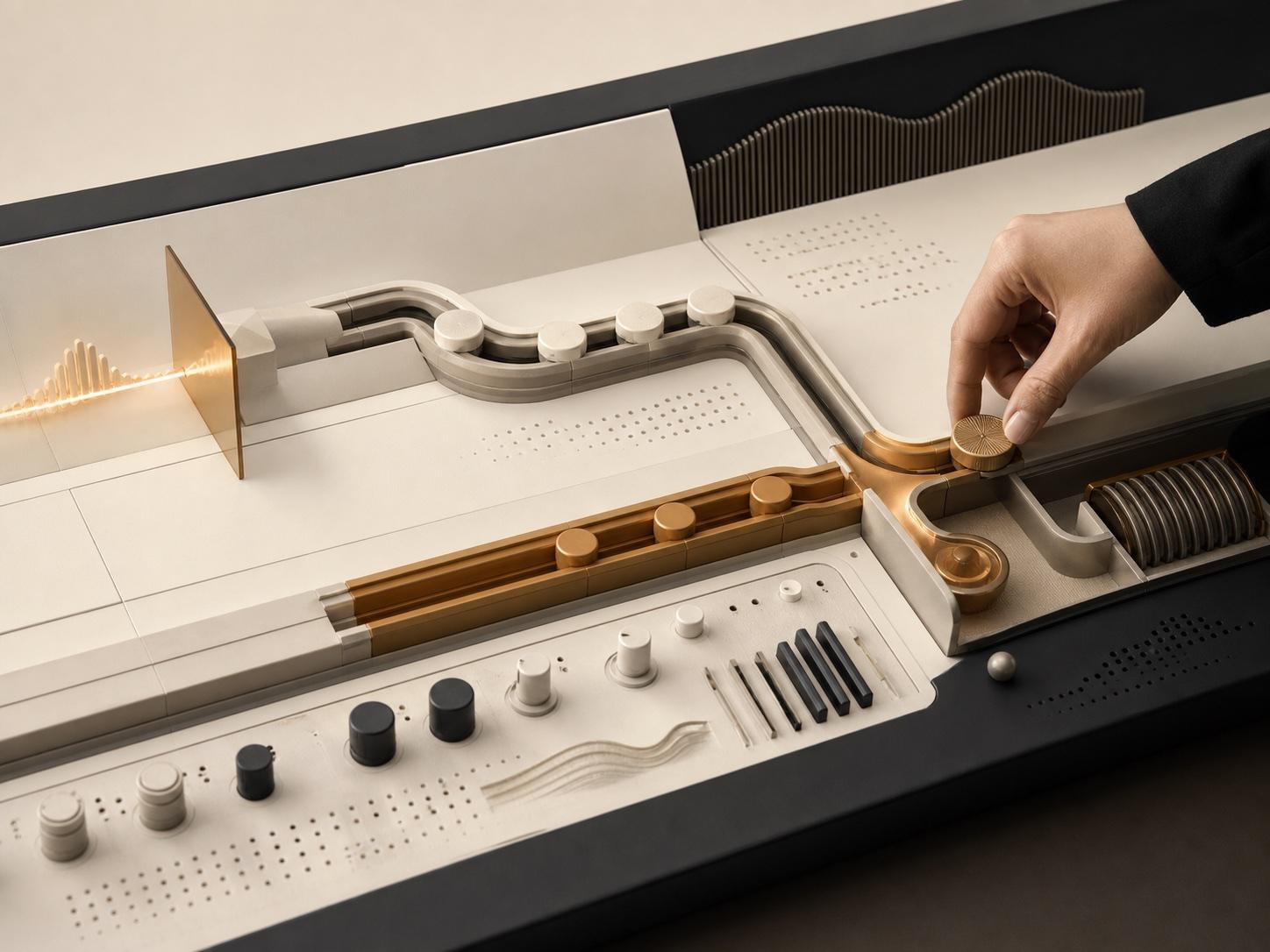 A tactile call-routing console showing an AI path connecting to human support